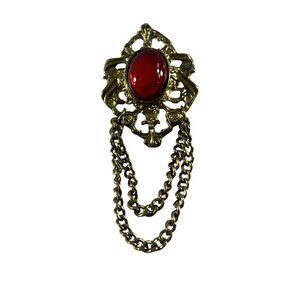 Vintage Gothic Red Cabochon Ornate Brooch Draped Chains Filigree Gold Tone